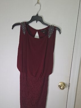 Beaded Shoulder Burgundy Lace-Trim Midi Dress